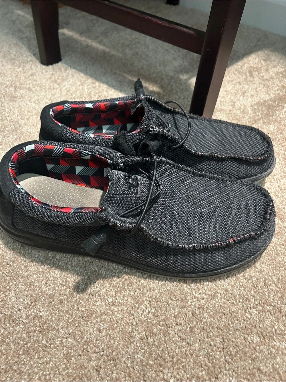 Hey Dude Black Knit Slip-On Loafers with Red-Trim Interior
